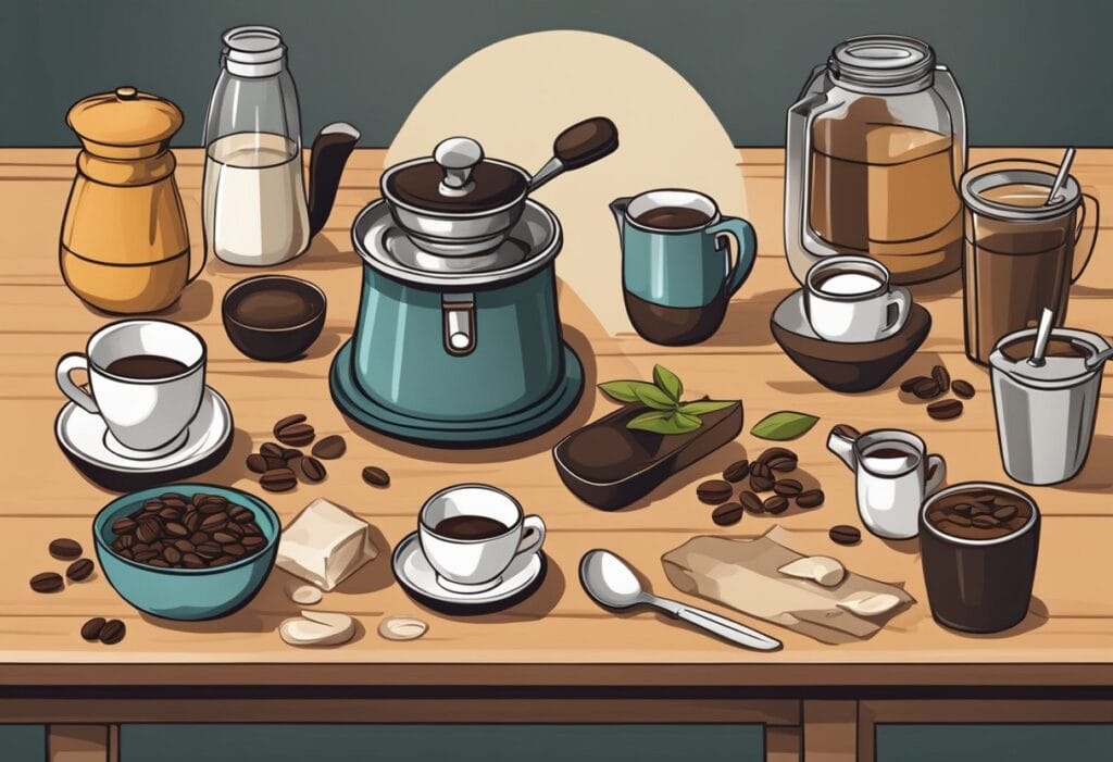 A table with various coffee ingredients and tools arranged for recipe preparation