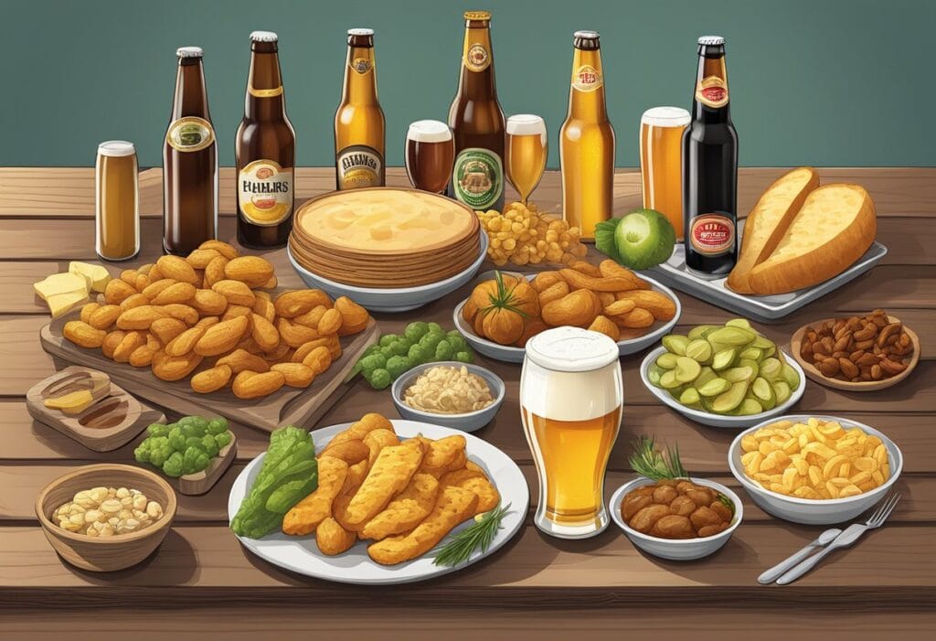 A spread of various foods and beers arranged on a wooden table