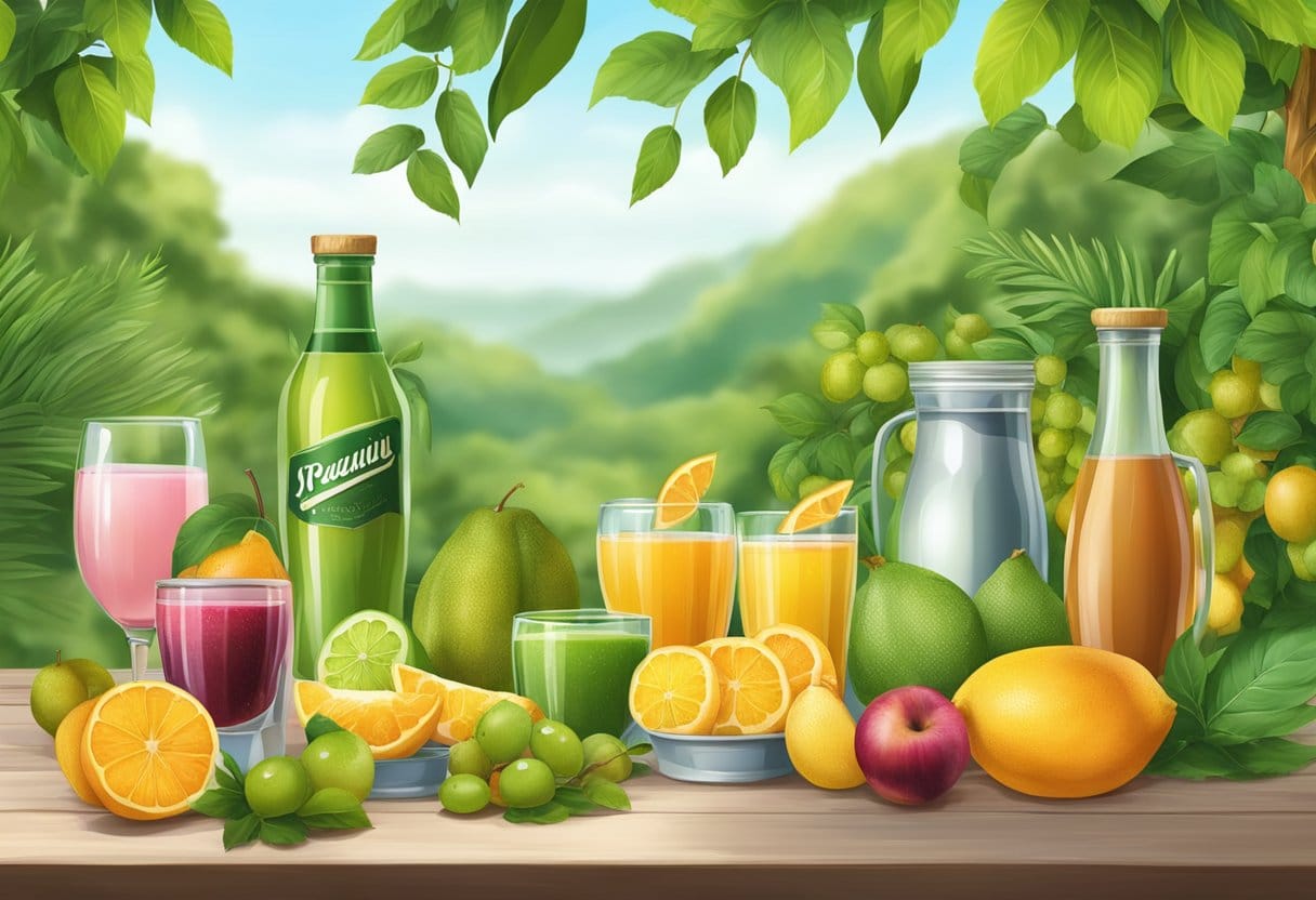 A table with various organic beverages displayed, surrounded by lush greenery and ripe fruits