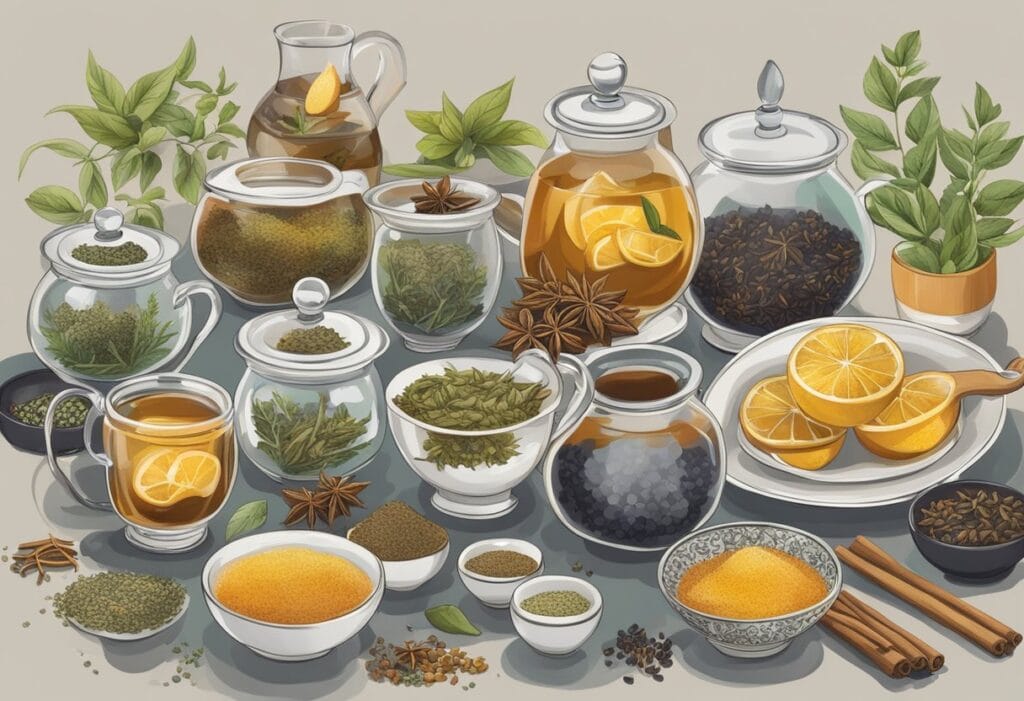 A table with an assortment of tea blends, herbs, and spices in glass jars and ceramic bowls, surrounded by teacups and a teapot