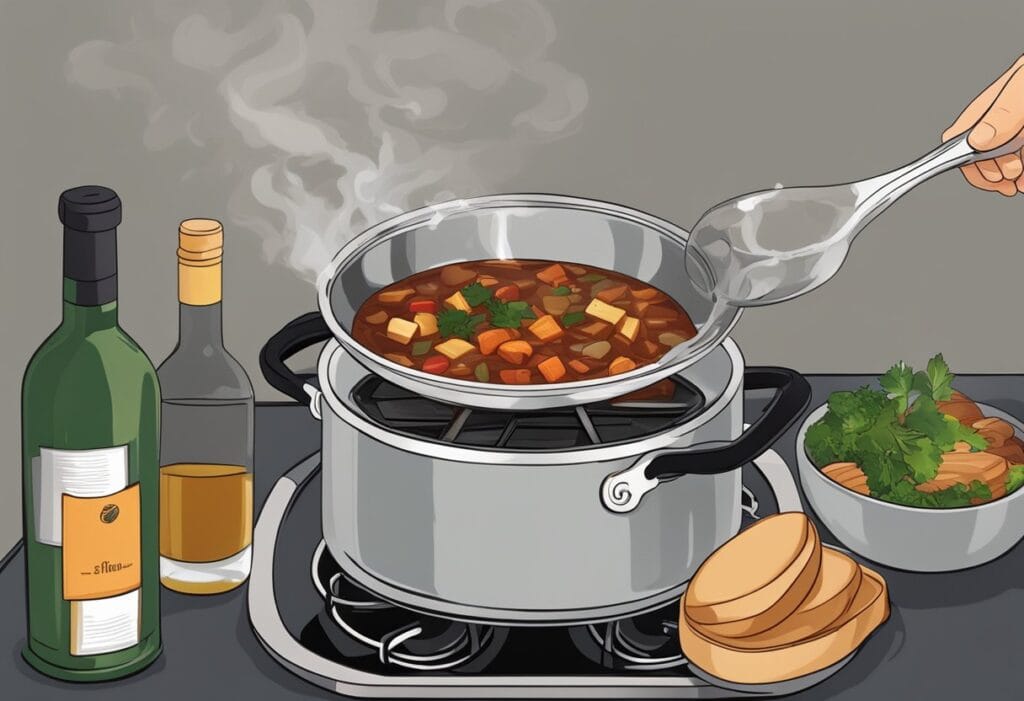A pot of stew simmers on a stovetop, steam rising as a splash of red wine is poured in by a hand holding a glass bottle