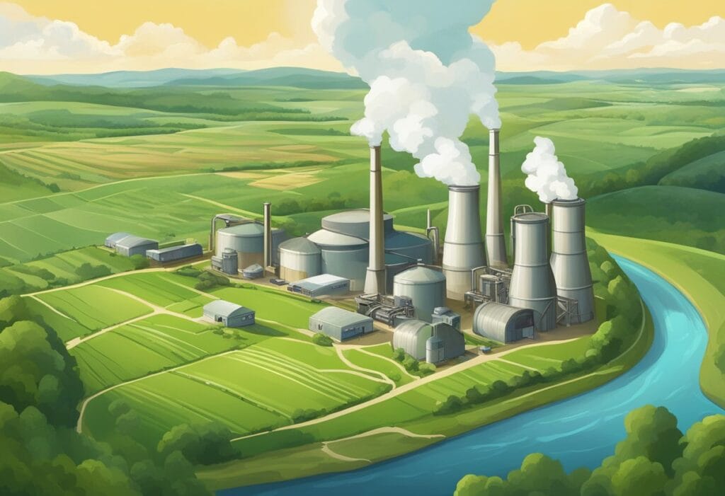 A brewery surrounded by lush green fields, with smokestacks emitting clouds of pollution into the sky. Nearby rivers show signs of contamination