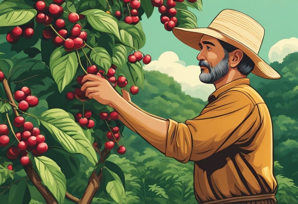 A farmer picking ripe coffee cherries under the shade of lush green trees