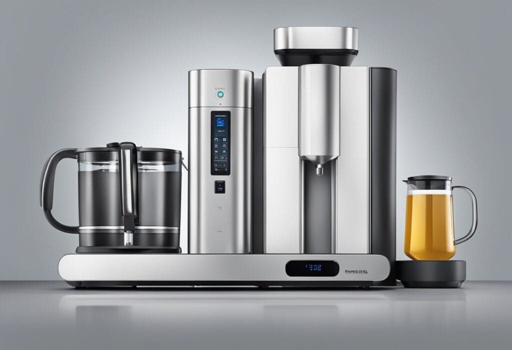 A sleek, modern brewing system with digital controls and glass carafes