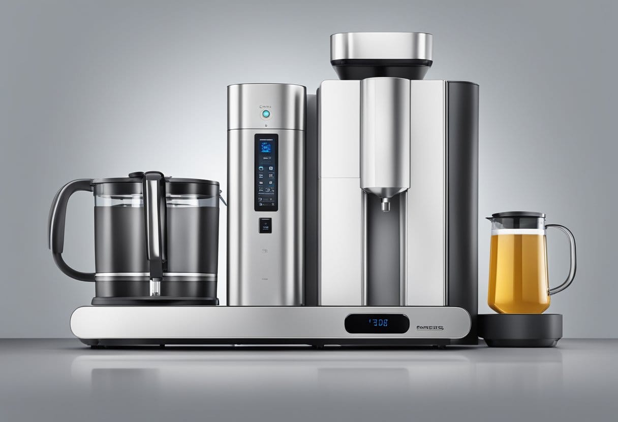 A sleek, modern brewing system with digital controls and glass carafes