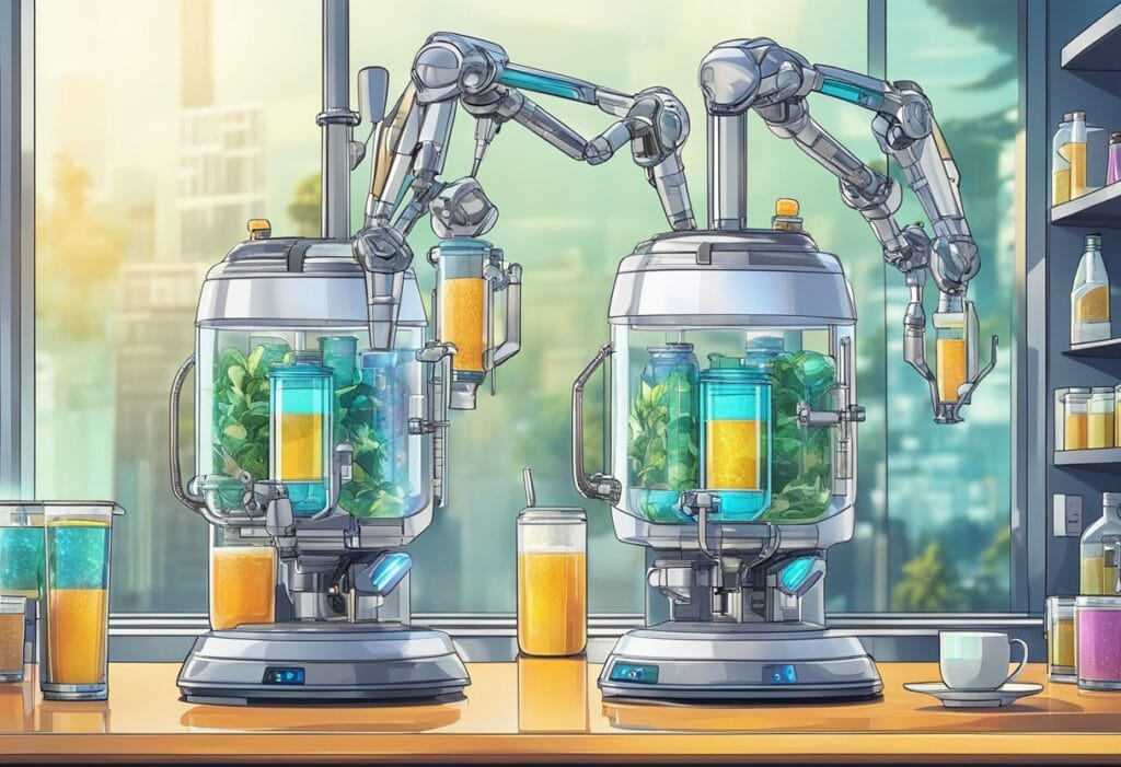 A futuristic beverage dispenser with holographic display and robotic arms