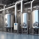 A modern brewing system with stainless steel tanks, pipes, and control panels in a clean, industrial setting