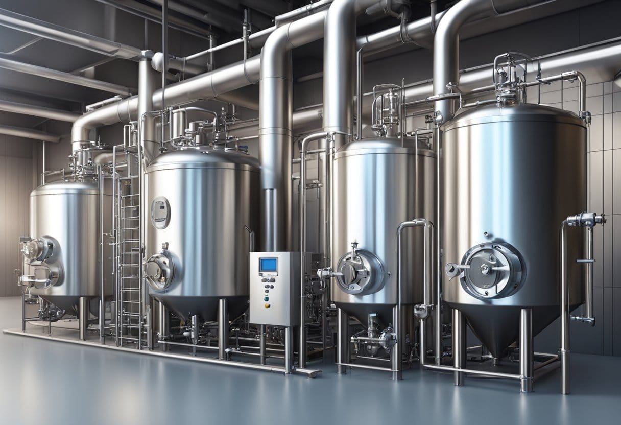 A modern brewing system with stainless steel tanks, pipes, and control panels in a clean, industrial setting